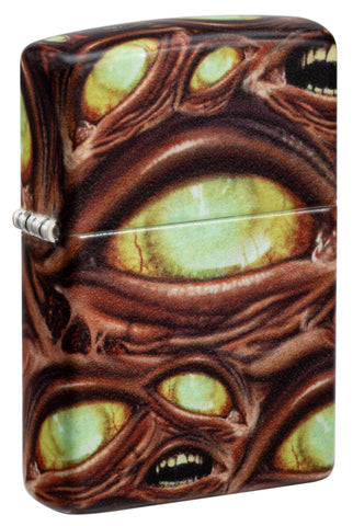 Front shot of ˫ Glow in the Dark Zombie Eye Windproof Lighter standing at a 3/4 angle.